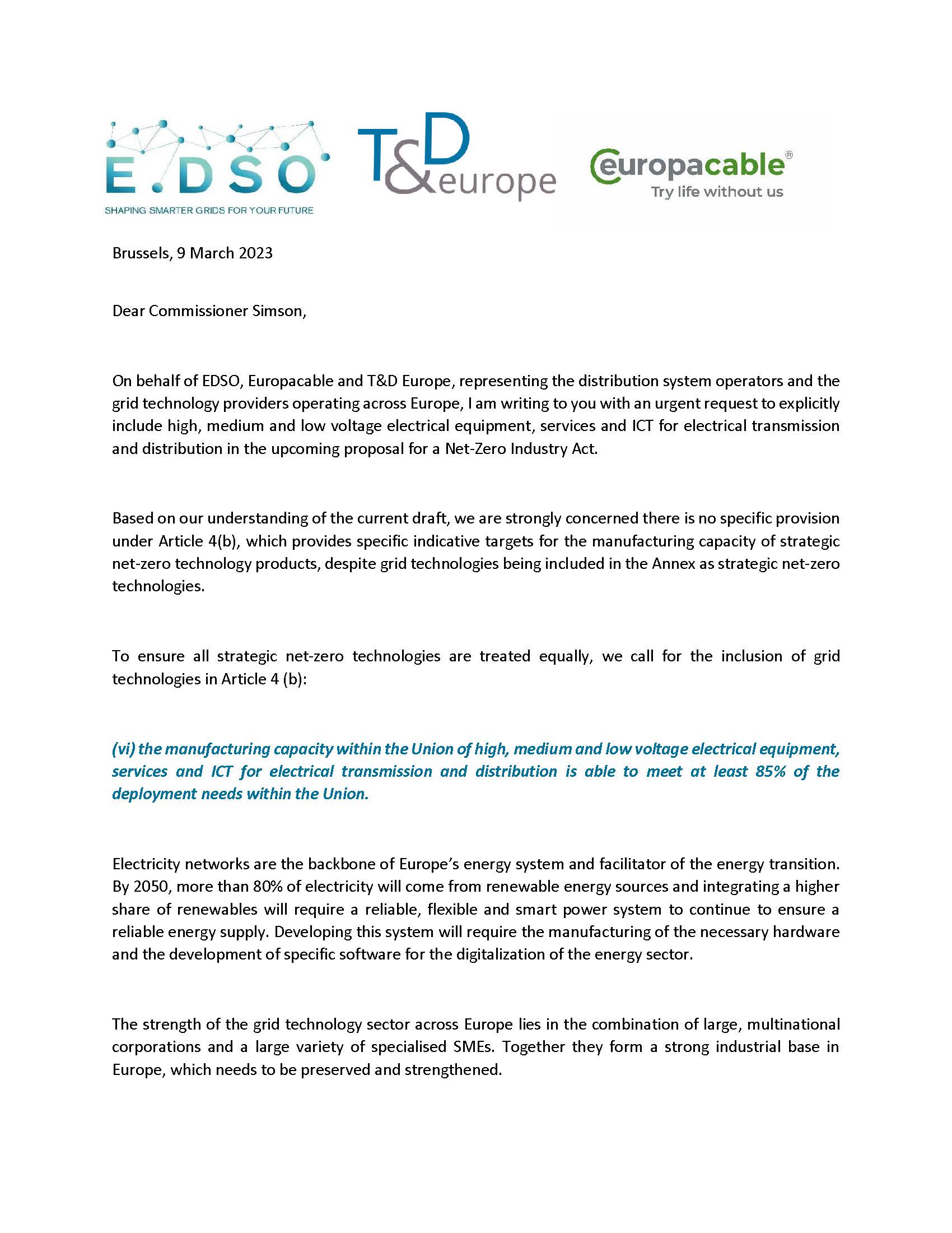 Net- Zero Industry Act. E.DSO/Europacable /T&D Europe Urgent request to explicitly include grid technologies