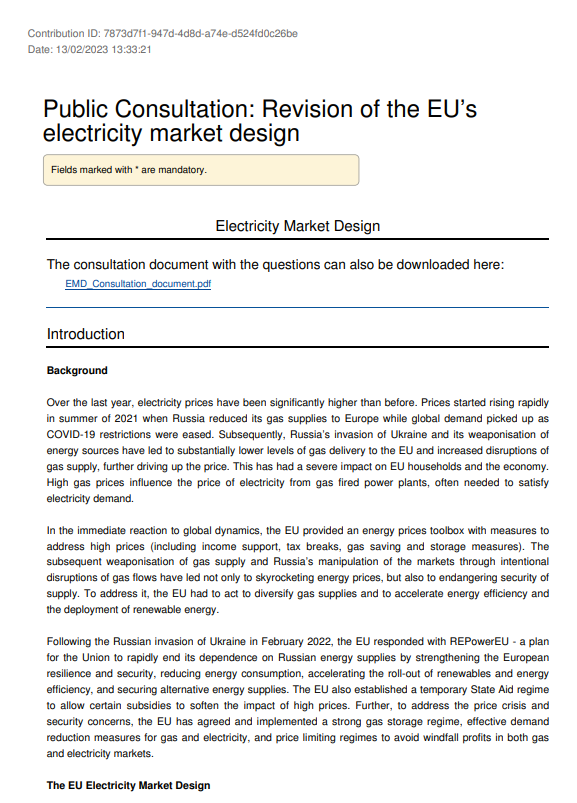 Public Consultation: Revision of the EU’s electricity market design