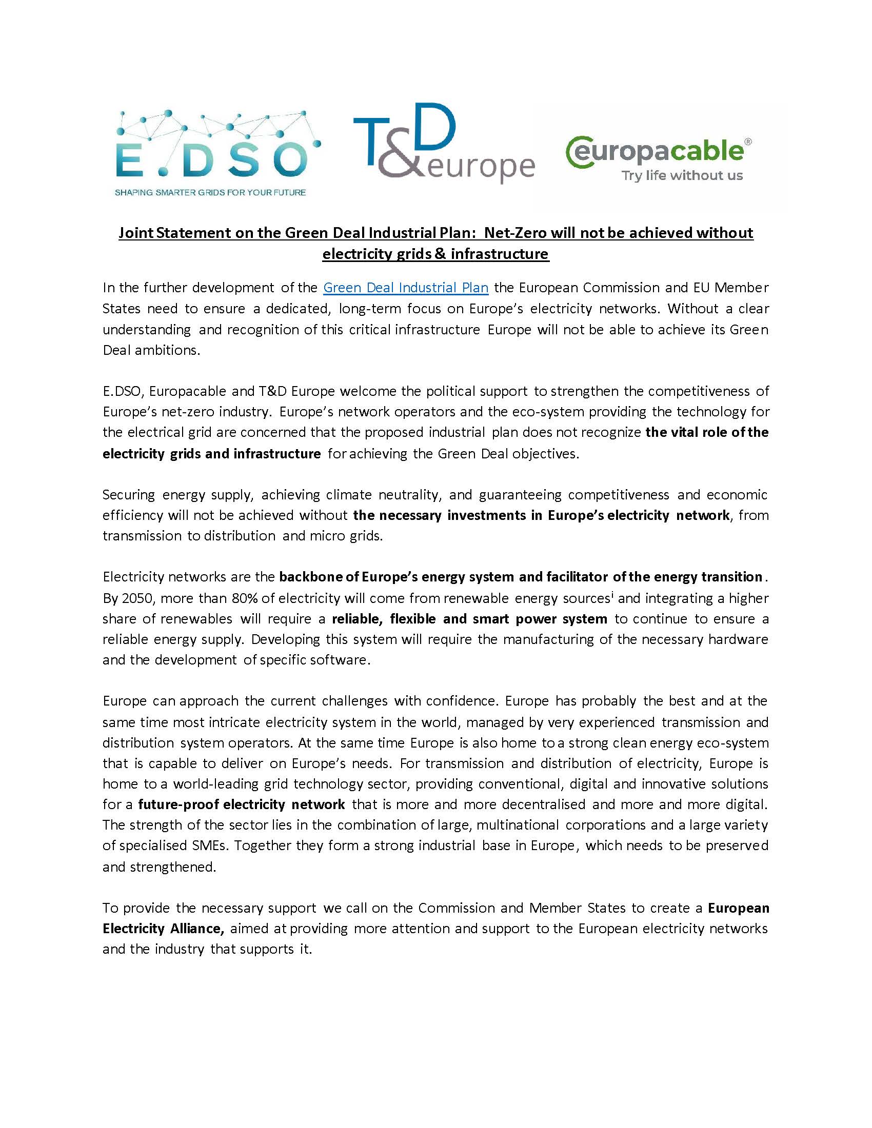 E.DSO/ Europacable/T&D Europe Joint Statement on the Green Deal Industrial Plan:  Net-Zero will not be achieved without electricity grids & infrastructure