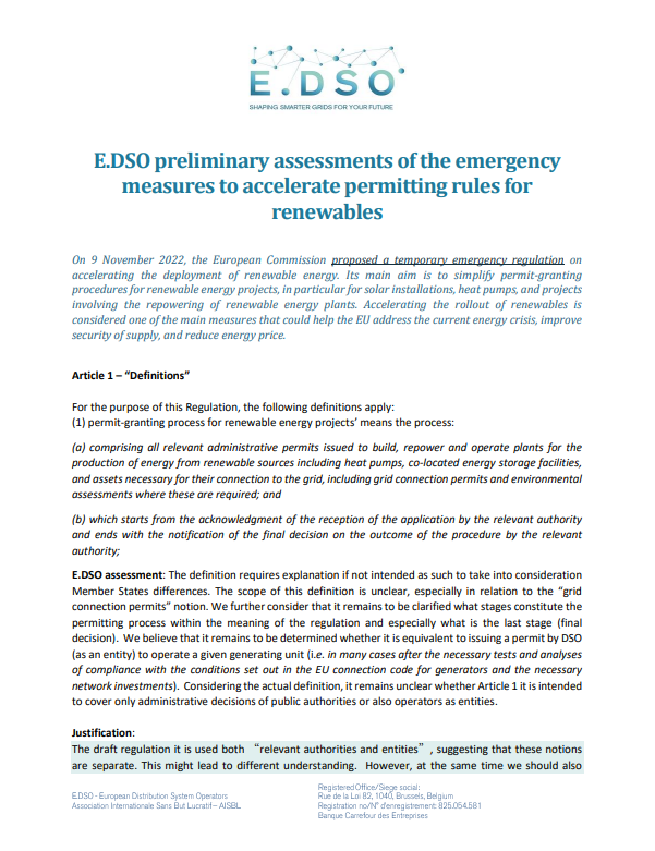E.DSO preliminary assessments of the emergency measures to accelerate permitting rules for renewables