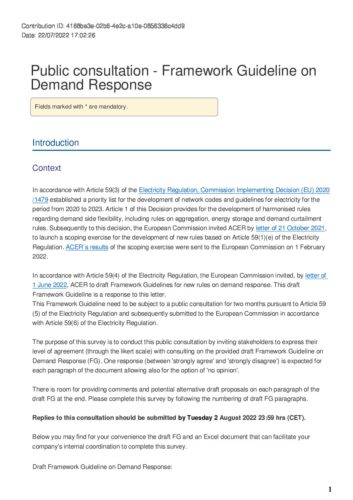 Public consultation – Framework Guideline on Demand Response