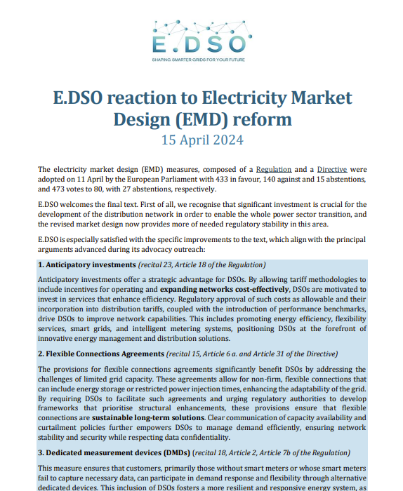 E.DSO reaction to Electricity Market Design (EMD) reform