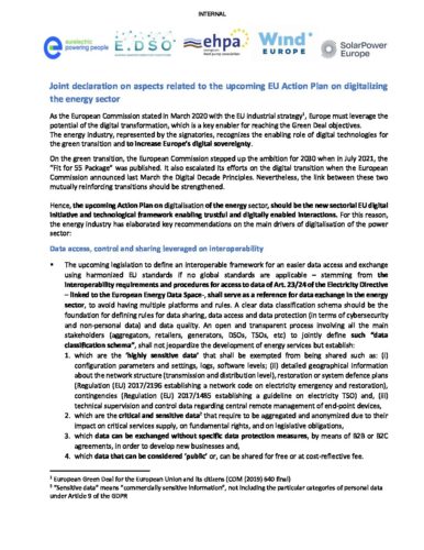 Joint declaration on aspects related to the upcoming EU Action Plan on digitalizing the energy sector