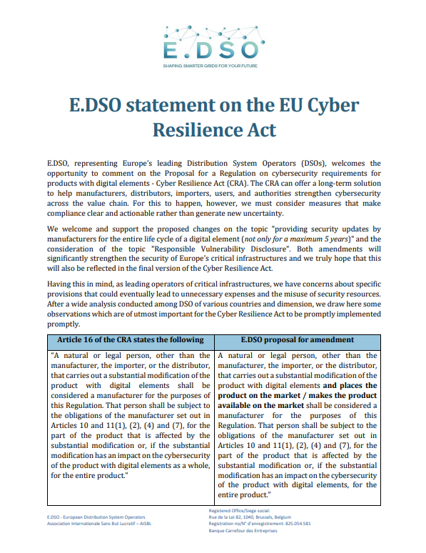 E.DSO statement on the EU Cyber Resilience Act