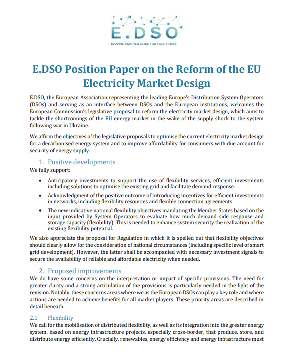 E.DSO Position Paper on the Reform of the EU  Electricity Market Design