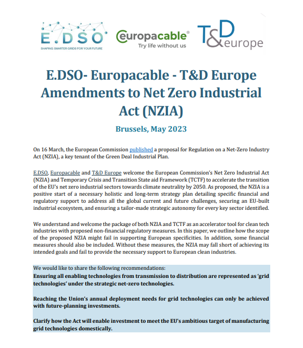 E.DSO-Europacable-T&D Europe Amendments to Net Zero Industrial Act (NZIA)
