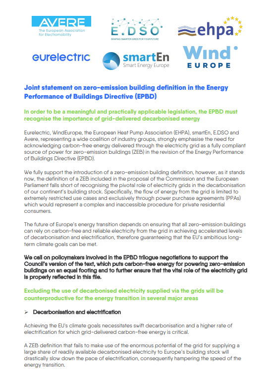Joint Statement on zero-emission building definition in the Energy Performance of Buildings Directive (EPBD)