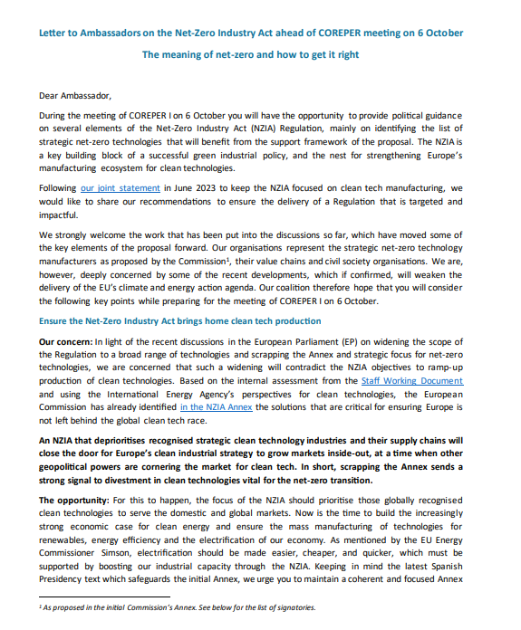 Letter to Ambassadors on the Net-Zero Industry Act ahead of COREPER meeting 