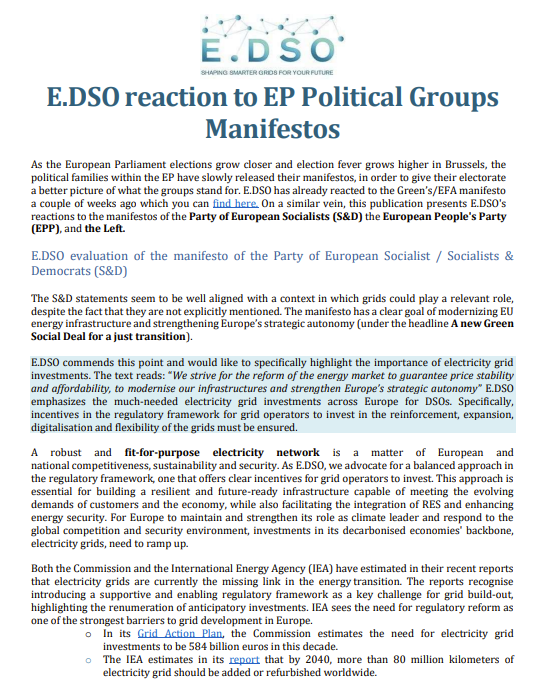 E.DSO reaction to European Parliament Political Groups Manifestos