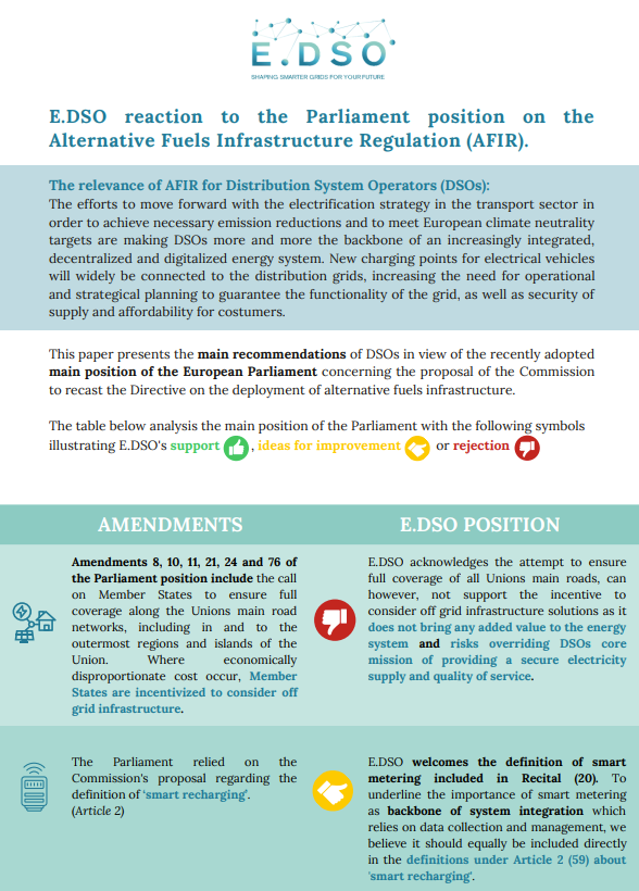 E.DSO reaction to the Parliament position on the Alternative Fuels Infrastructure Regulation (AFIR)